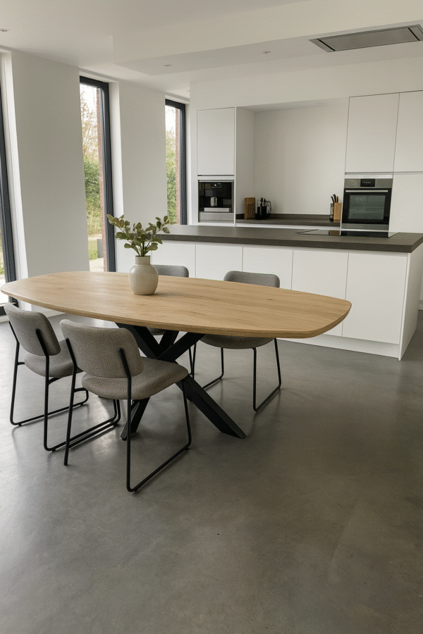 Eiken eettafel deens ovaal verjongde rand op matrixpoot