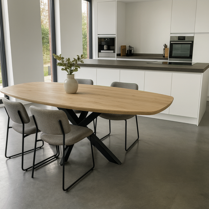 Eiken eettafel deens ovaal verjongde rand op matrixpoot