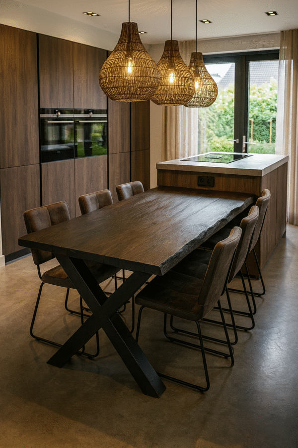 Eiken eettafel met stalen x poten zwart