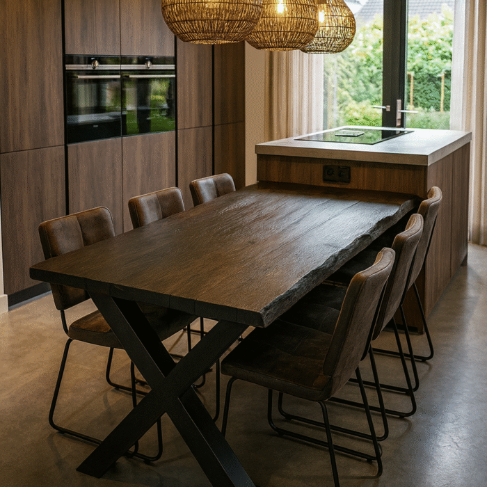 Eiken eettafel met stalen x poten zwart