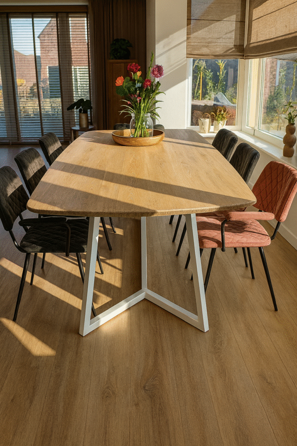 Eikenhouten tafel Deens ovaal met verjongde rand op stalen onderstel