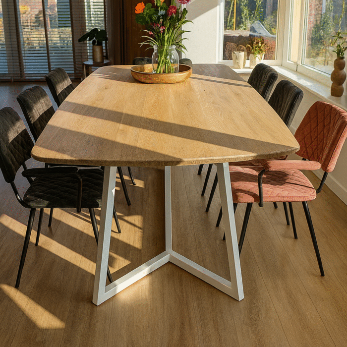 Eikenhouten tafel Deens ovaal met verjongde rand op stalen onderstel