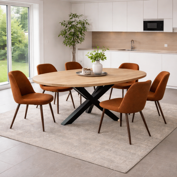 Ovalen eettafel, Industrieel eiken