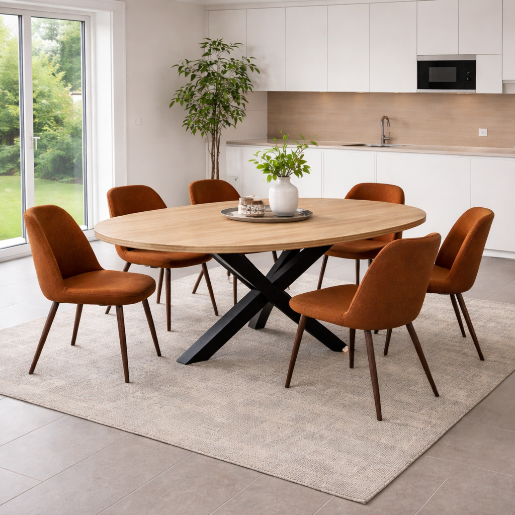 Ovalen eettafel, Industrieel eiken