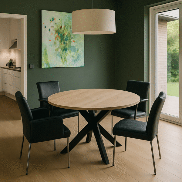 Ronde eettafel, Industrieel eiken