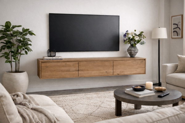 Zwevend massief 2cm geborsteld eiken tv meubel met 3 kleppen