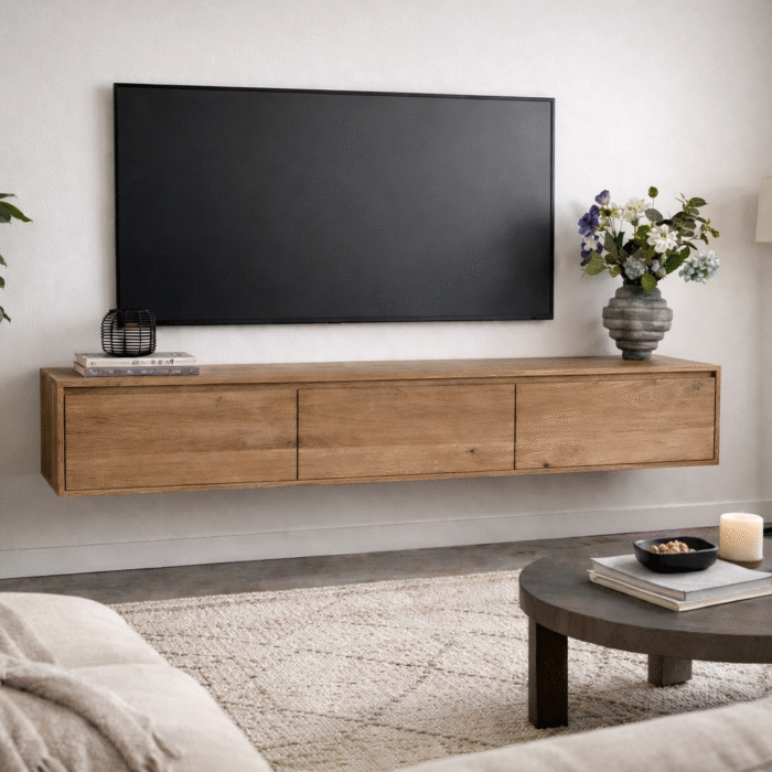 Zwevend massief 2cm geborsteld eiken tv meubel met 3 kleppen