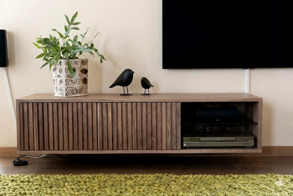 Zwevend tv meubel met 2 lades ribbelfront massief eiken