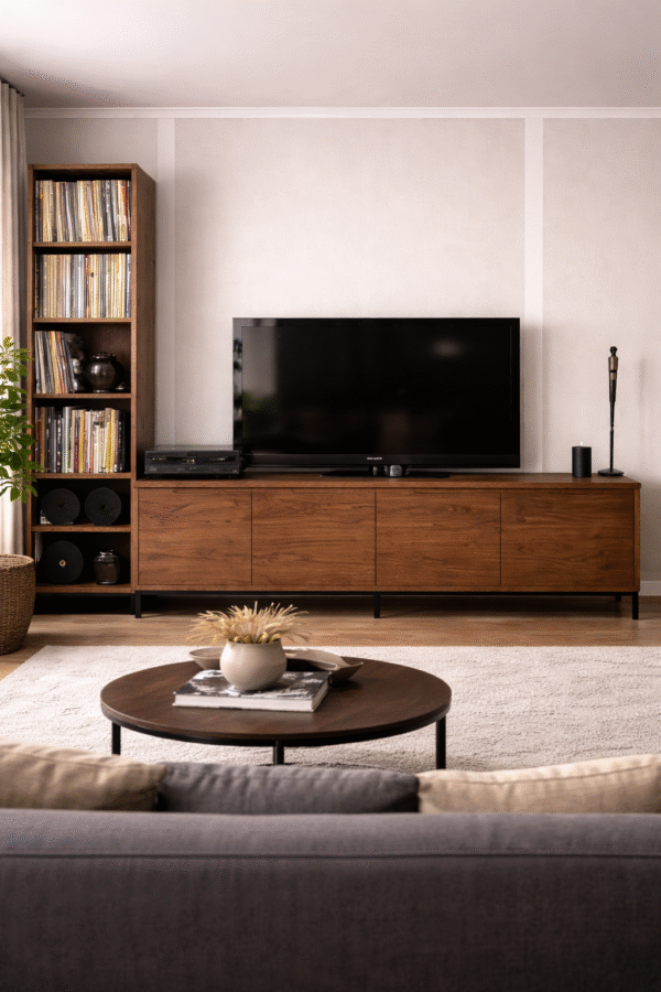 Tv meubel noten hout met 2 lades en 2 kleppen