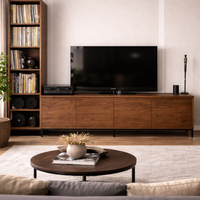 Tv meubel noten hout met 2 lades en 2 kleppen