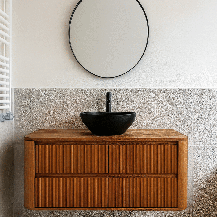 Badkamermeubel 4 lades met Ribbelfront en Ronde Hoeken van Massief Eiken