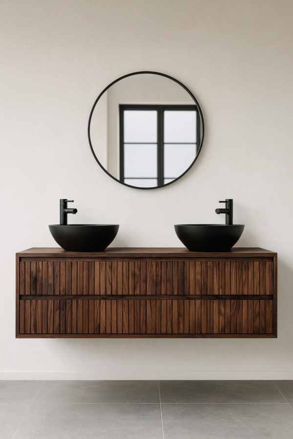 Wastafelmeubel van massief Noten 4 lades met ribbelfront