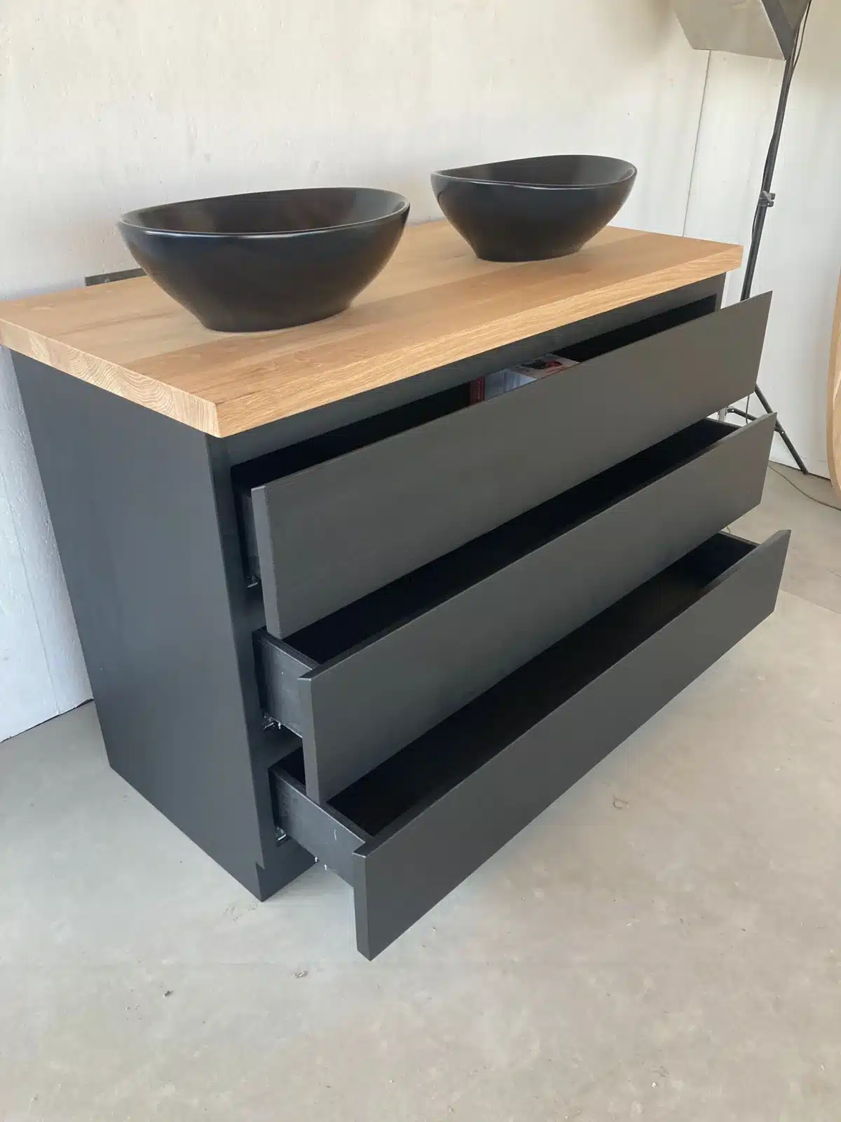 Zwart badkamermeubel eiken topblad met 3 lades | Rotterdam - Afbeelding 5