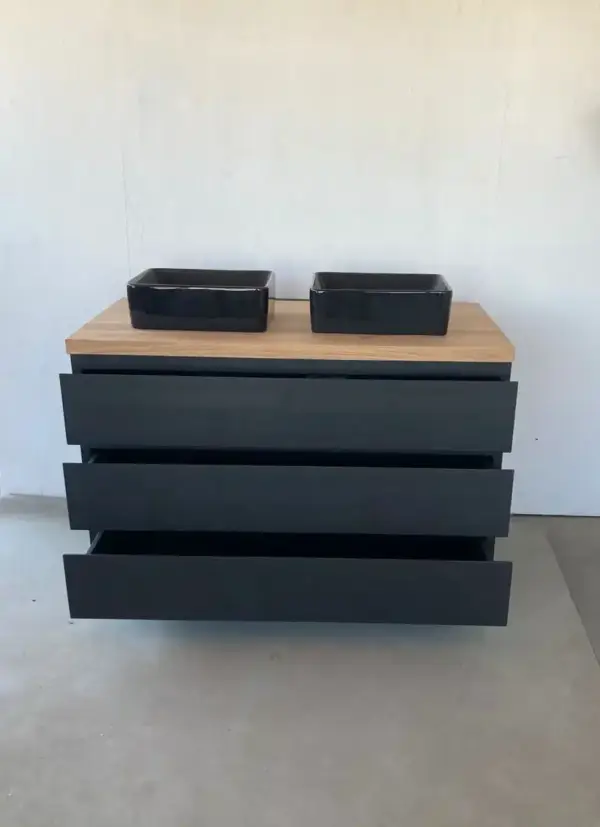 Zwart badkamermeubel eiken topblad met 3 lades | Rotterdam