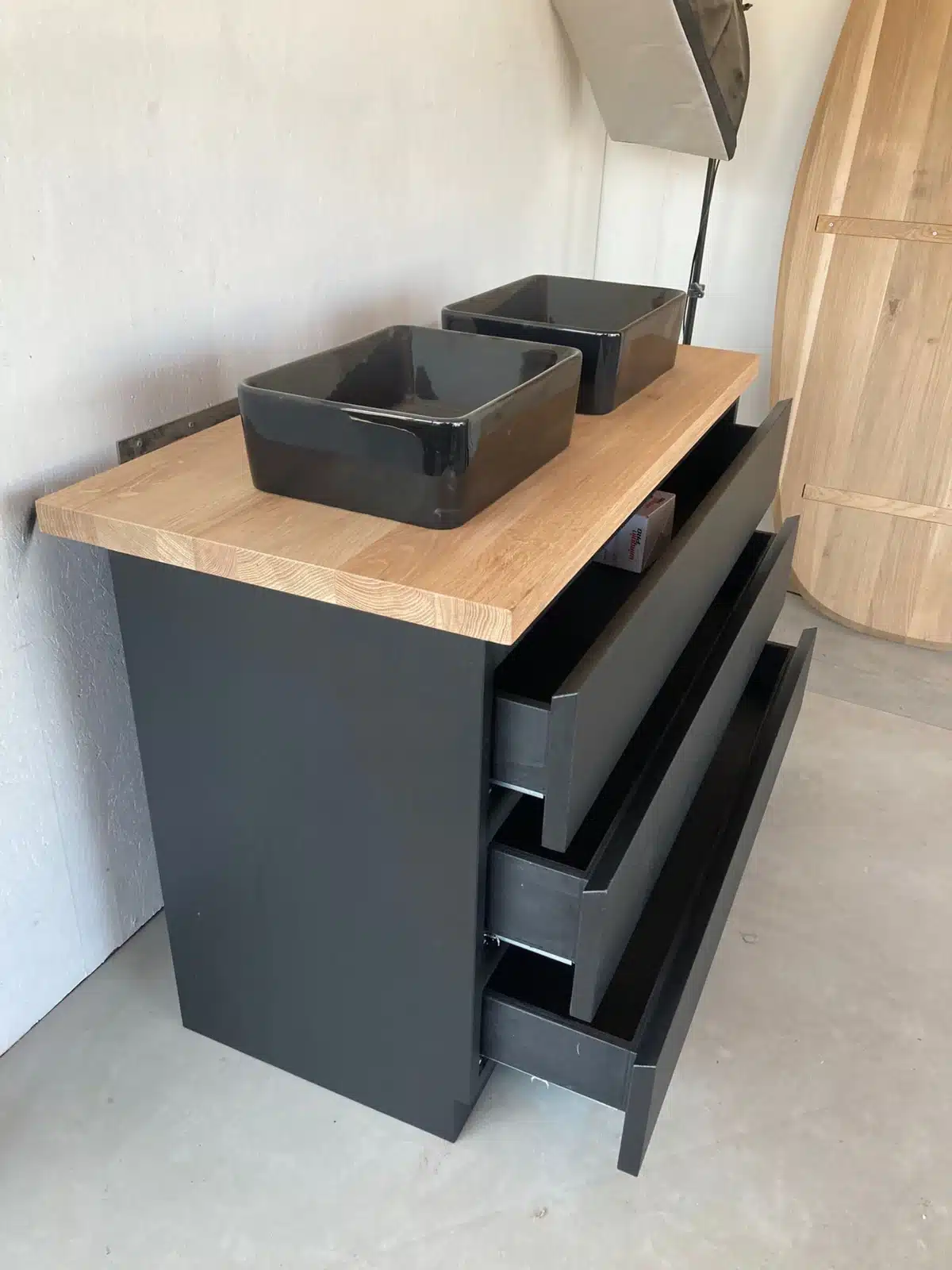 Zwart badkamermeubel eiken topblad met 3 lades | Rotterdam - Afbeelding 7