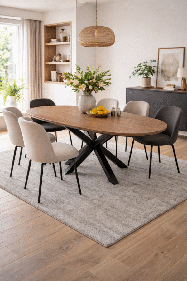 Ovale eettafel massief notenhout op matrixpoot | skylt