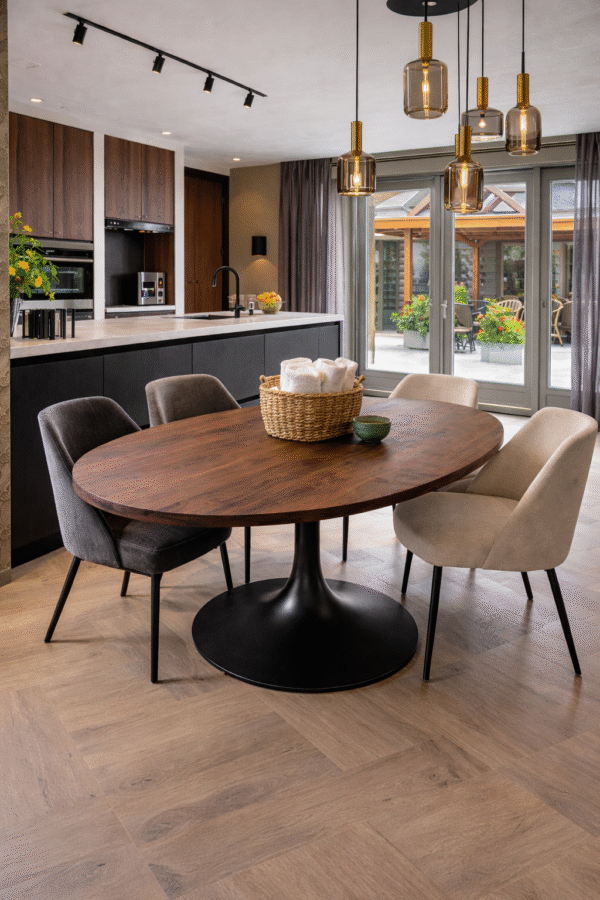 Ovale eettafel noten massief op tulip poot| olie